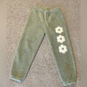 Crave Fame Sherpa Joggers in Green with Flower Detail, Large
